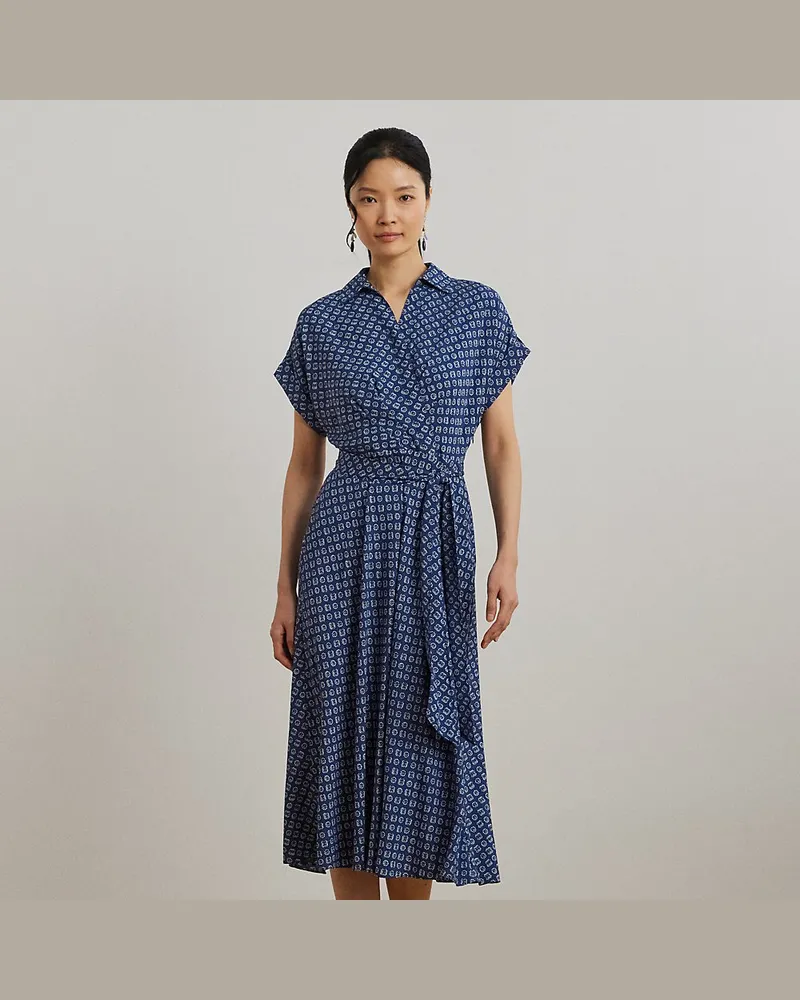 Ralph Lauren Gemustertes Crêpekleid mit Gürtel Blue