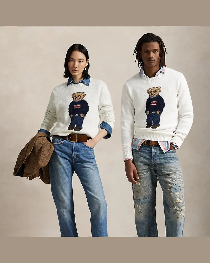 Ralph Lauren Leinen-Baumwoll-Pullover mit Polo Bear White