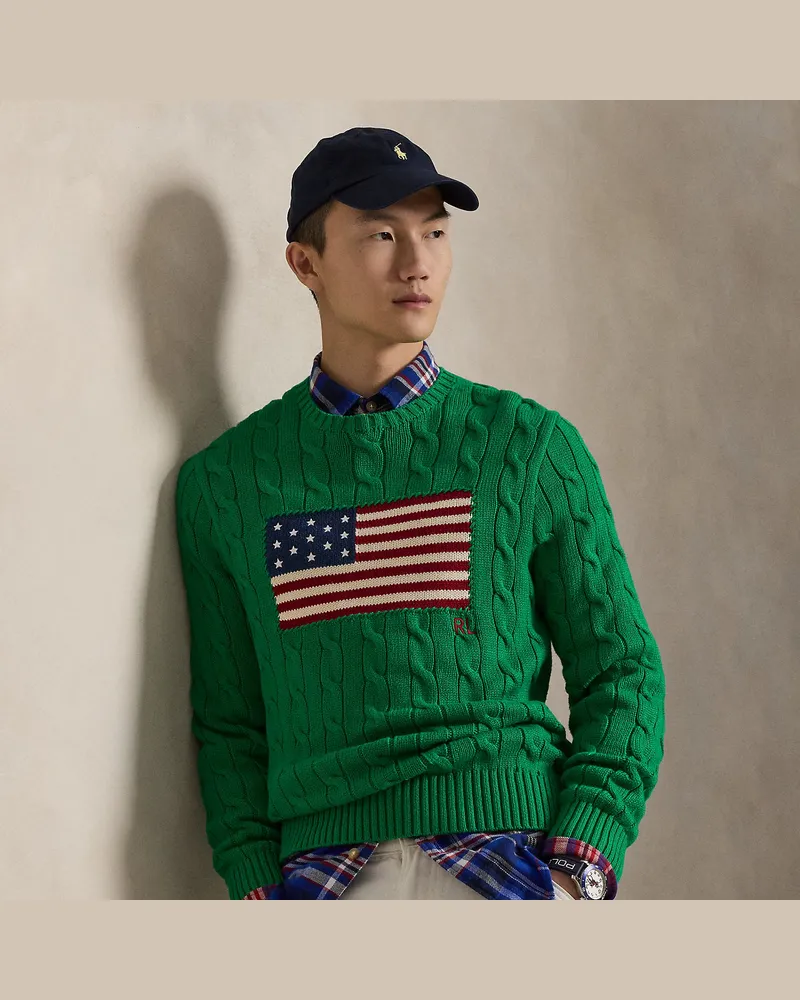 Ralph Lauren Pullover mit Zopfmuster und US-Flagge Green