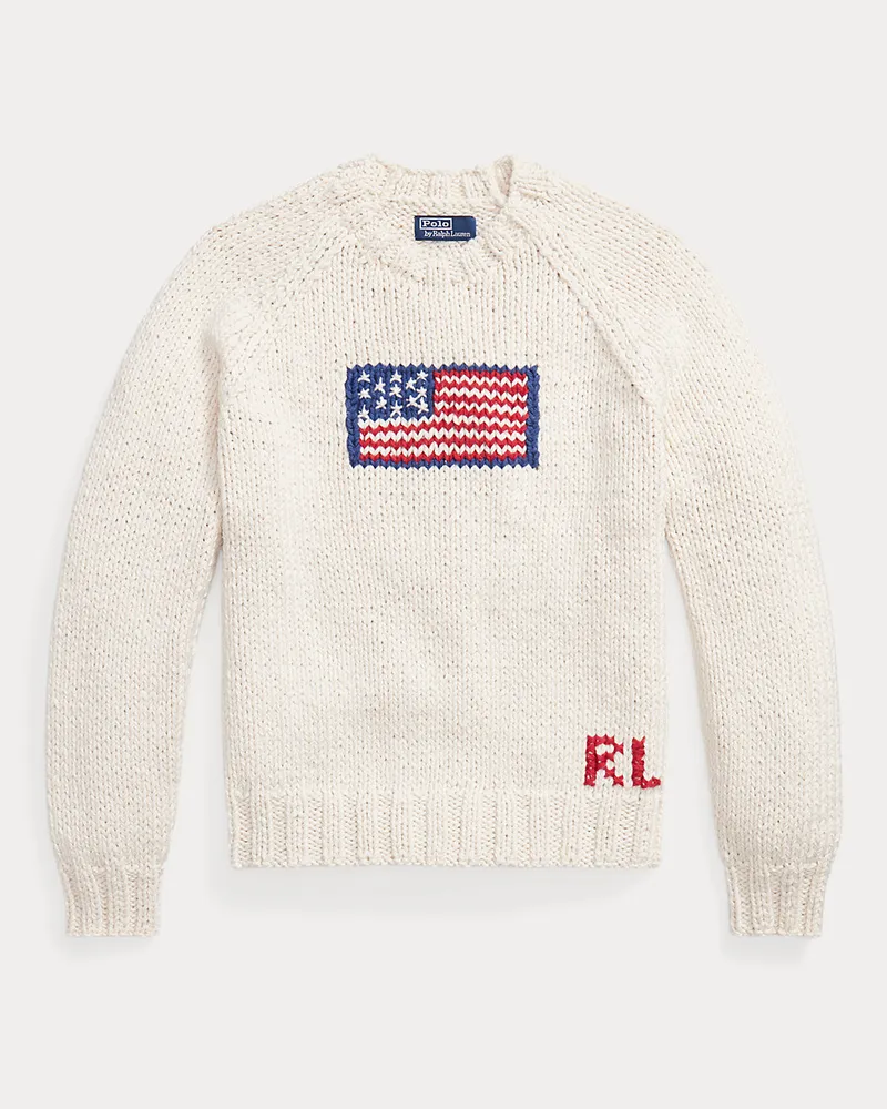 Ralph Lauren Handgestrickter Pullover mit US-Flagge Cream