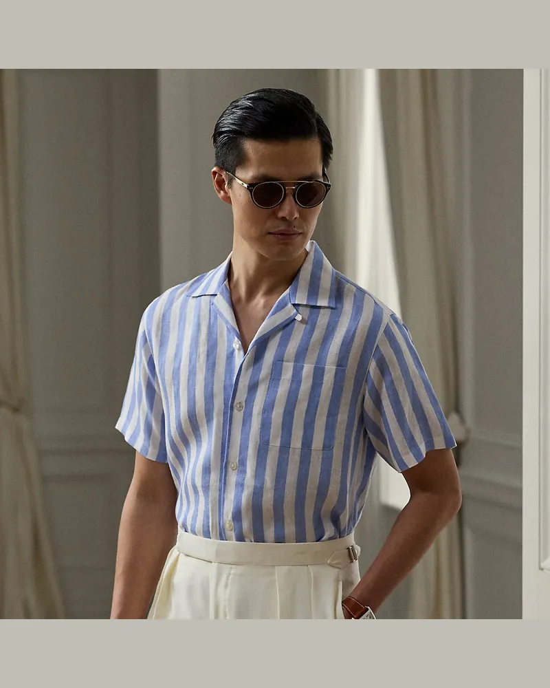 Ralph Lauren Gestreiftes Kurzarmhemd aus Leinen Blue