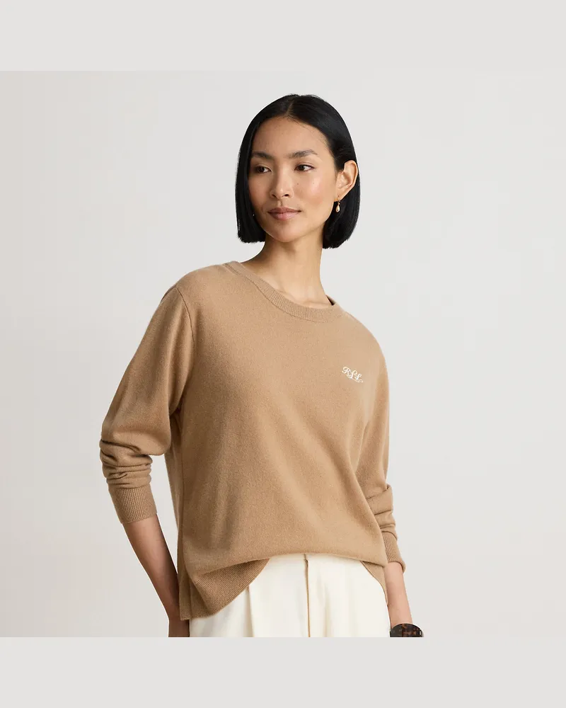 Ralph Lauren Bestickter Rundhalspullover aus Kaschmir Tan