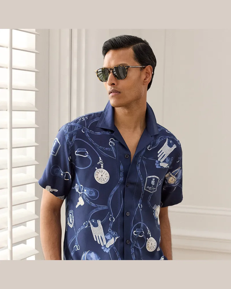 Ralph Lauren Seiden-Freizeithemd mit Automobil-Druck Blue