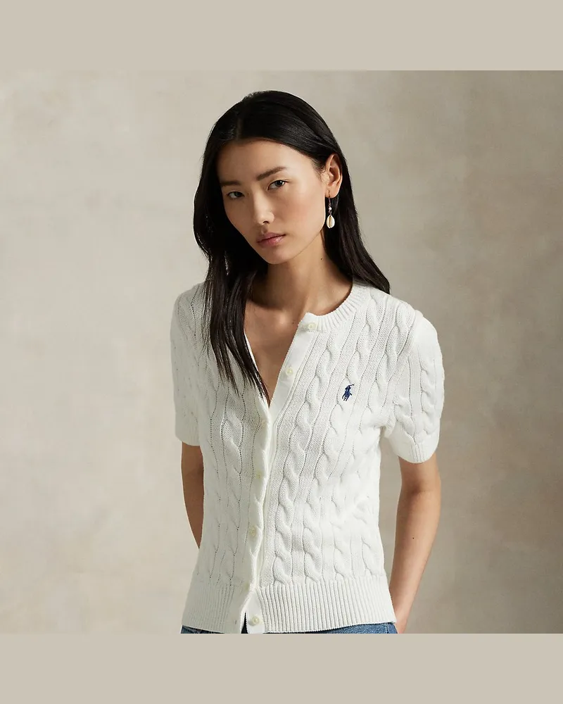 Ralph Lauren Kurzärmlige Strickjacke mit Zopfmuster White