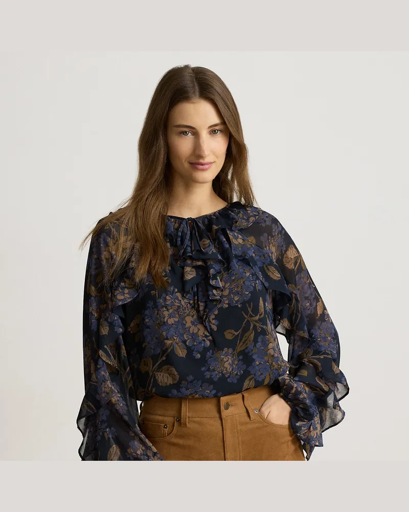 Ralph Lauren Geblümte Georgettebluse mit Rüschen Blue