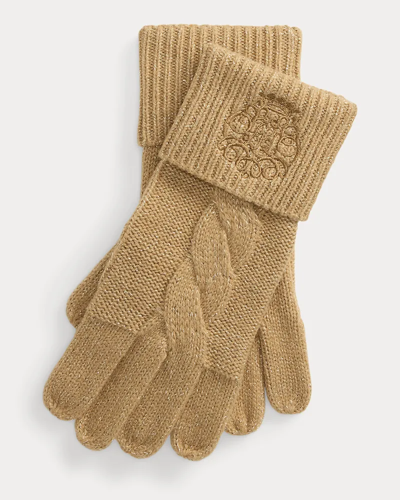 Ralph Lauren Metallic-Strickhandschuhe mit Wappen Tan