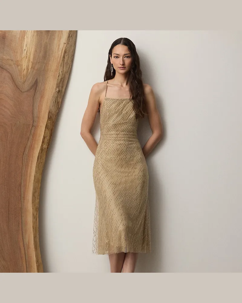 Ralph Lauren Verziertes Tüll-Cocktailkleid Donnely Tan