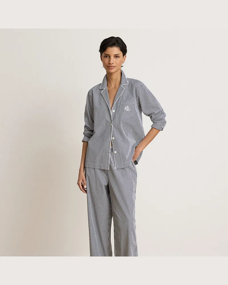Ralph Lauren Gestreifter Pyjama aus Baumwollpopeline Blue