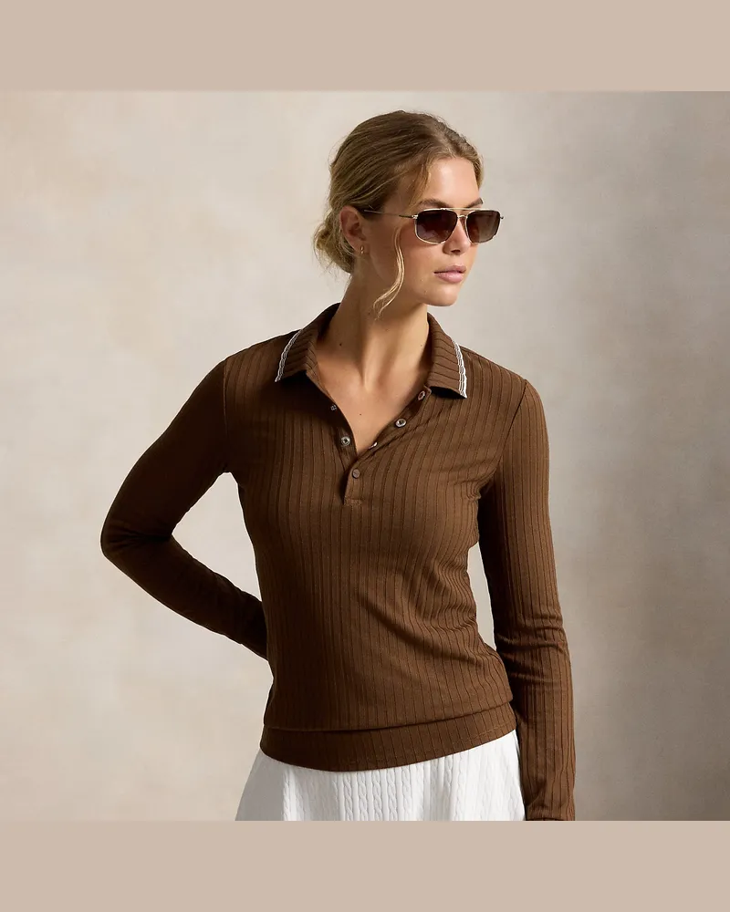 Ralph Lauren Geripptes Slim-Fit Langarm-Poloshirt Brown