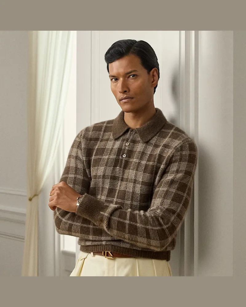 Ralph Lauren Karo-Kaschmirpullover mit Polokragen Brown