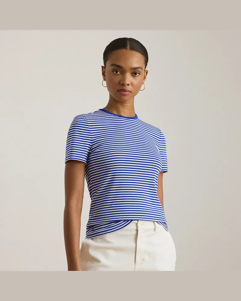 Ralph Lauren Kurzgrößen - Gestreiftes Rundhals-T-Shirt mit Stretch Blue