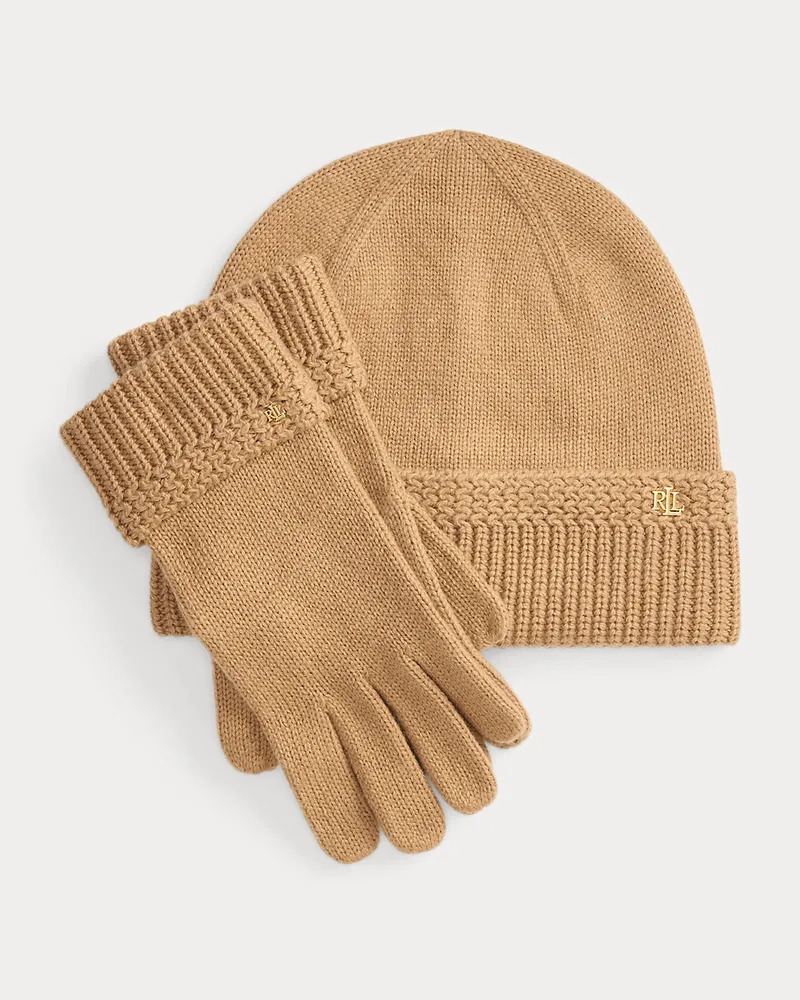 Ralph Lauren Beanie & Handschuhe im Fischgrätstrick Tan