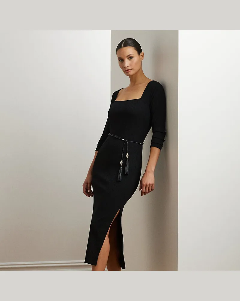 Ralph Lauren Langärmliges Midikleid in Rippenstrick Black
