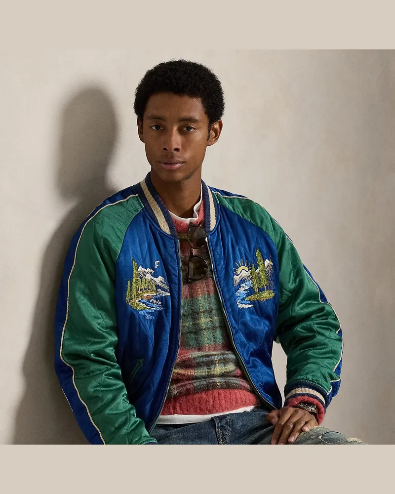 Ralph Lauren Bestickte Satin-Bomberjacke Blue