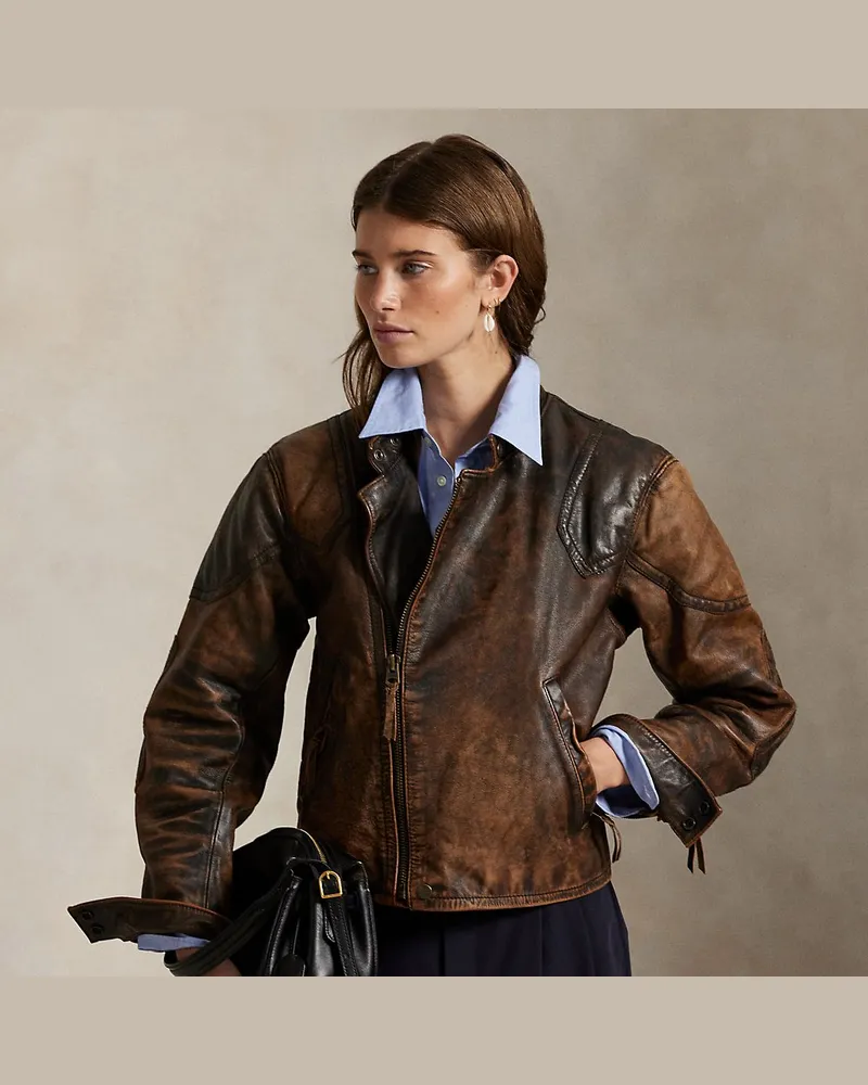 Ralph Lauren Bikerjacke aus rissigem Leder Brown