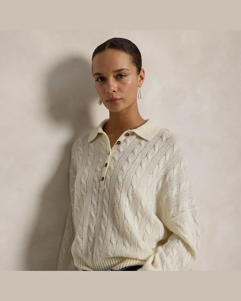Ralph Lauren Pullover mit Zopfmuster und Polokragen White