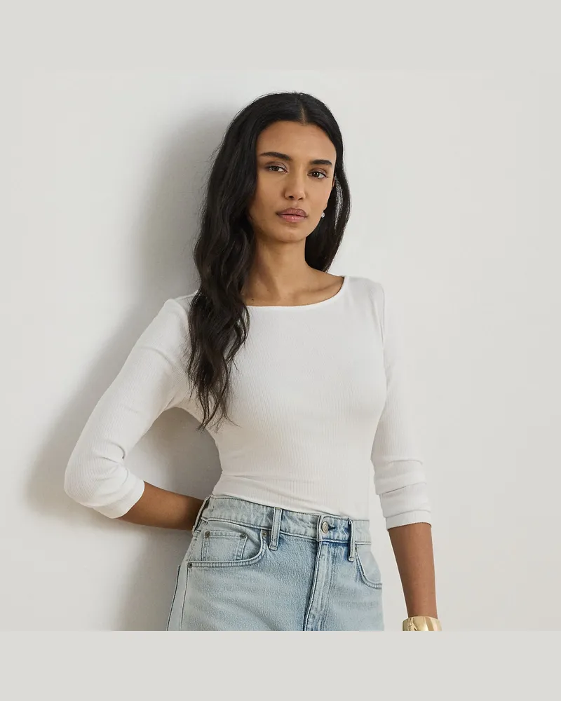 Ralph Lauren Geripptes T-Shirt mit U-Boot-Ausschnitt White