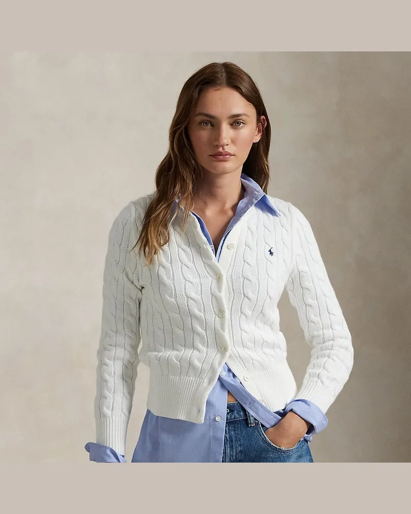 Ralph Lauren Rundhalsstrickjacke mit Zopfmuster White