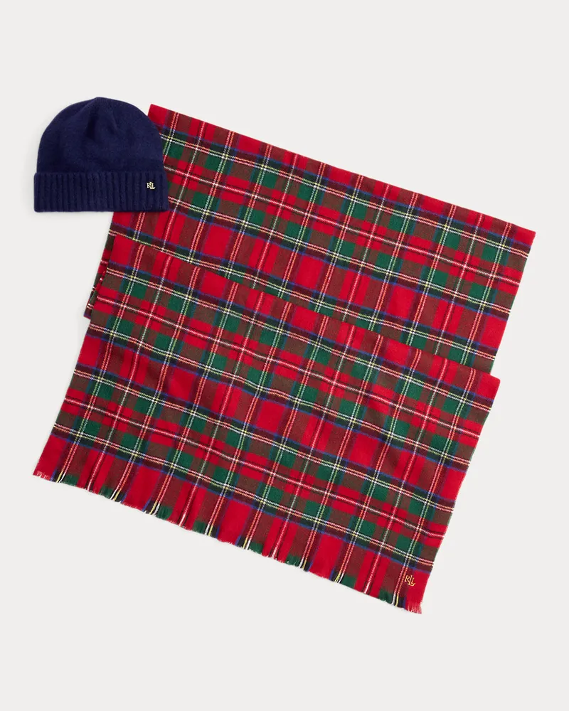 Ralph Lauren Karierter Wickelschal und Strickmütze Multi