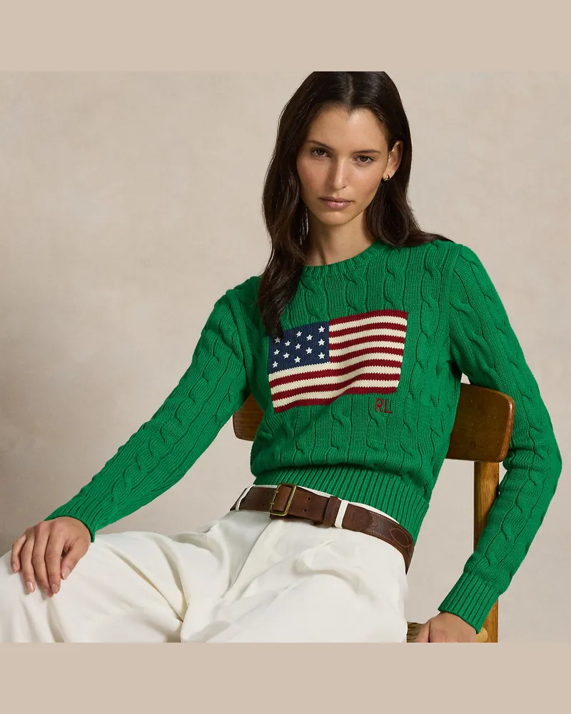 Ralph Lauren Kurzer Zopfmusterpullover mit US-Flagge Green