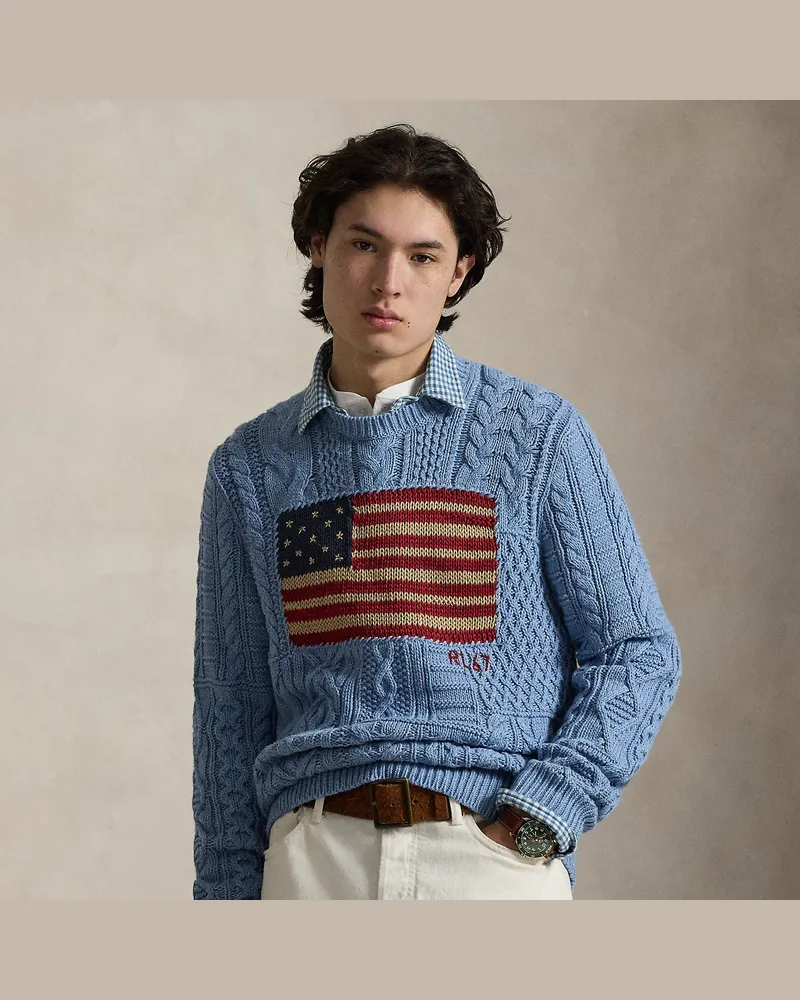 Ralph Lauren Aran-Strickpullover mit Flagge Blue