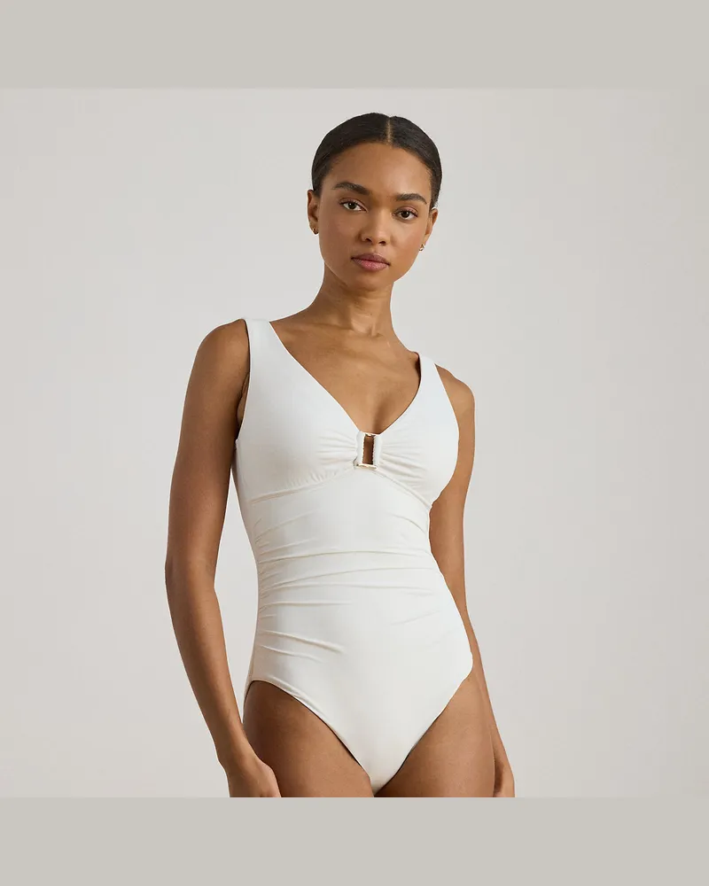 Ralph Lauren Gesmokter Badeanzug mit Ringdetail White