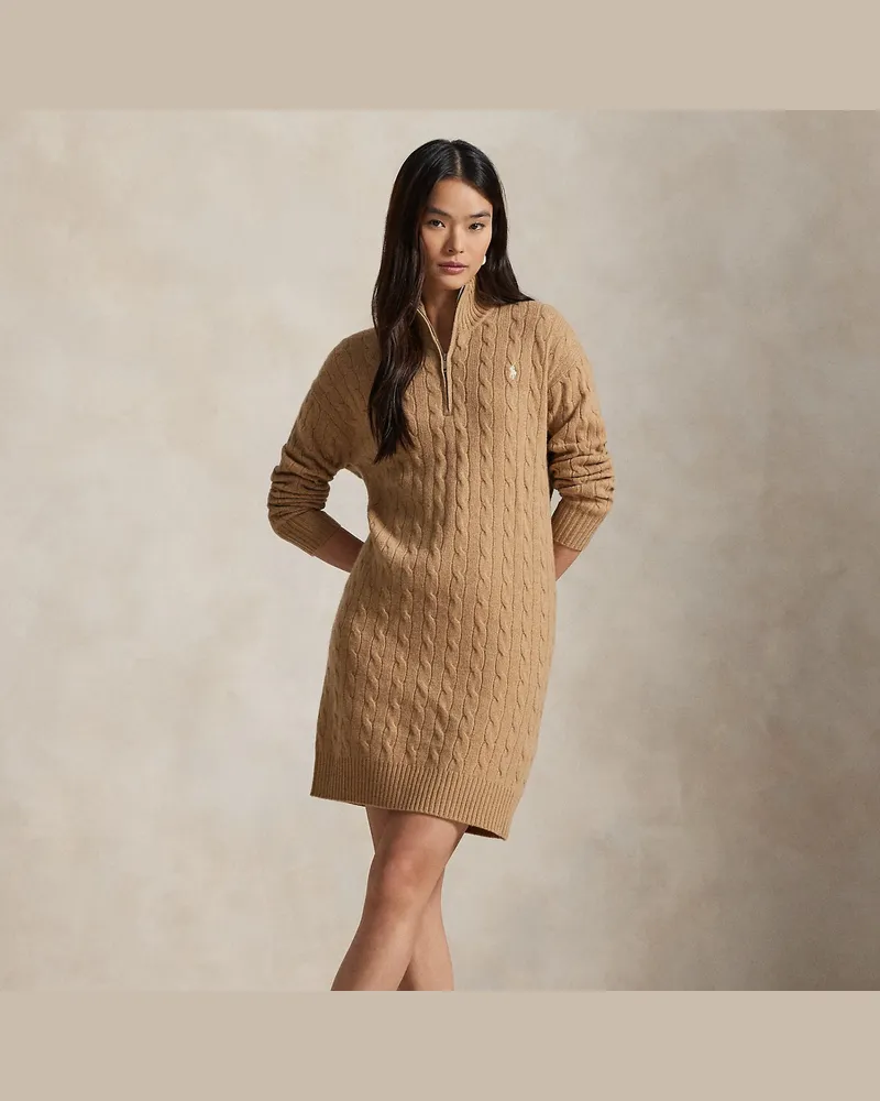 Ralph Lauren Woll-Kaschmir-Kleid mit Zopfmuster Tan