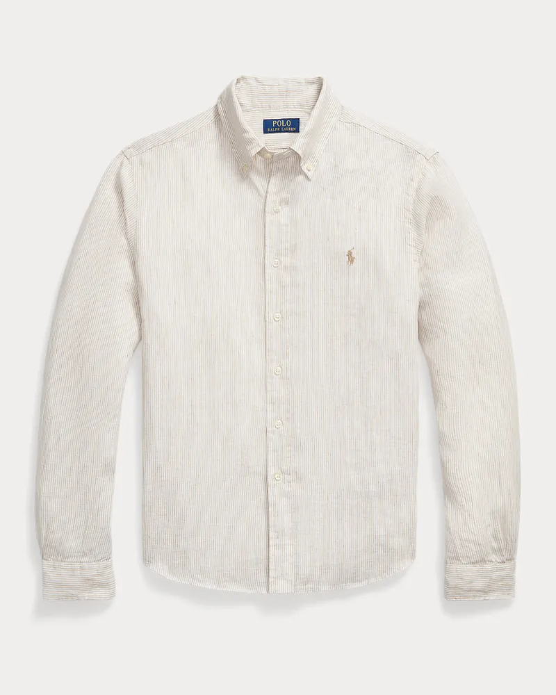 Ralph Lauren Gestreiftes Custom-Fit Leinenhemd Tan