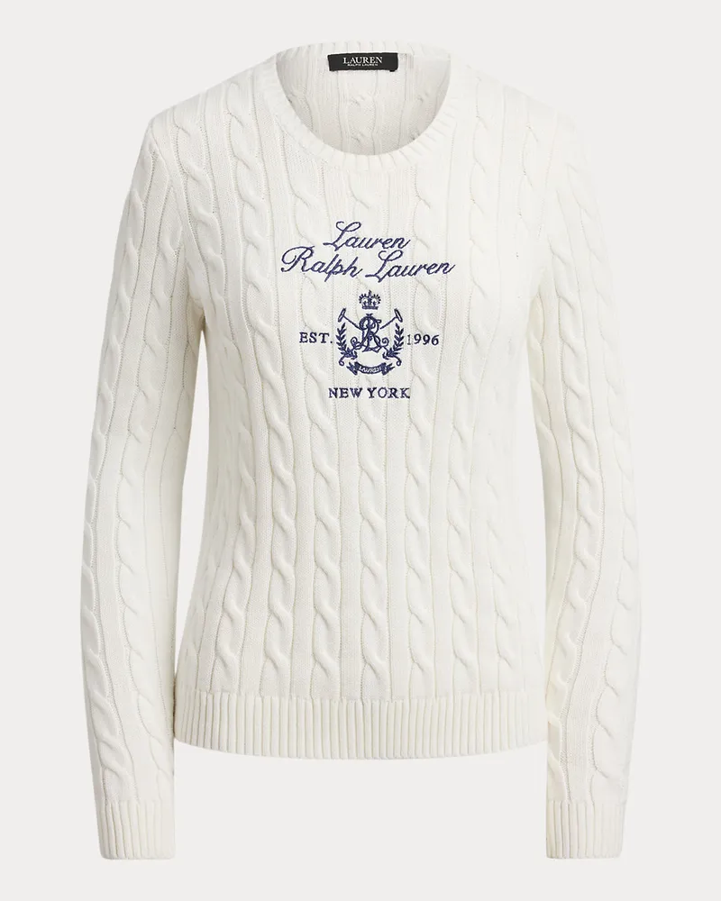 Ralph Lauren Zopfmusterpullover mit gesticktem Wappen White