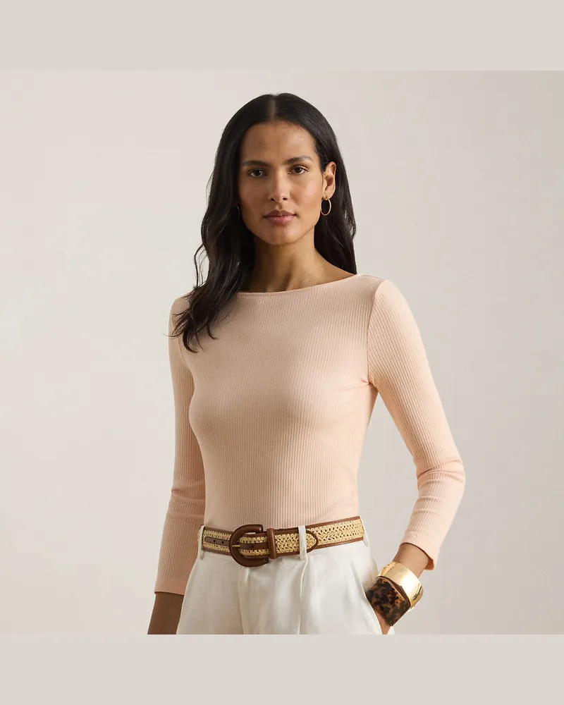 Ralph Lauren Geripptes T-Shirt mit U-Boot-Ausschnitt Orange