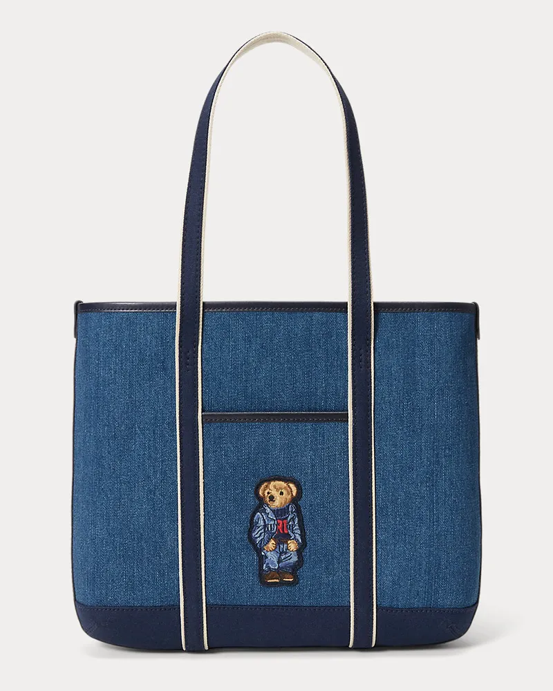 Ralph Lauren Kleine Denim-Tragetasche mit Polo Bear Blue
