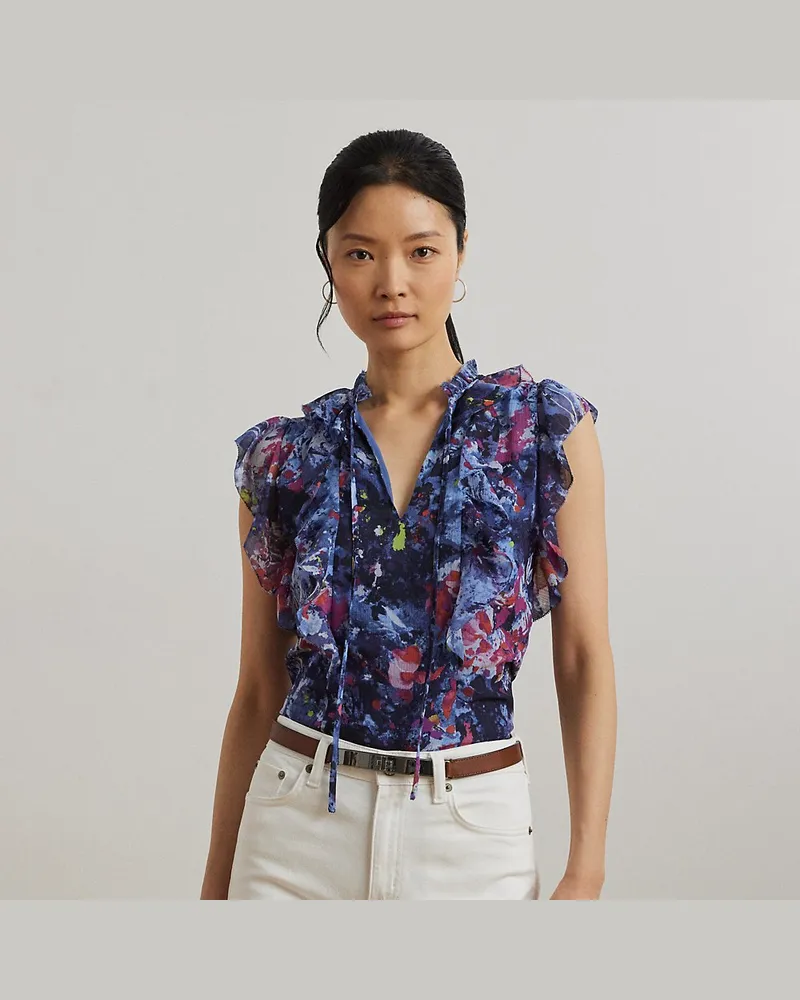 Ralph Lauren Kurzgrößen - Georgette-Bluse mit Rüschen und Druck Blue