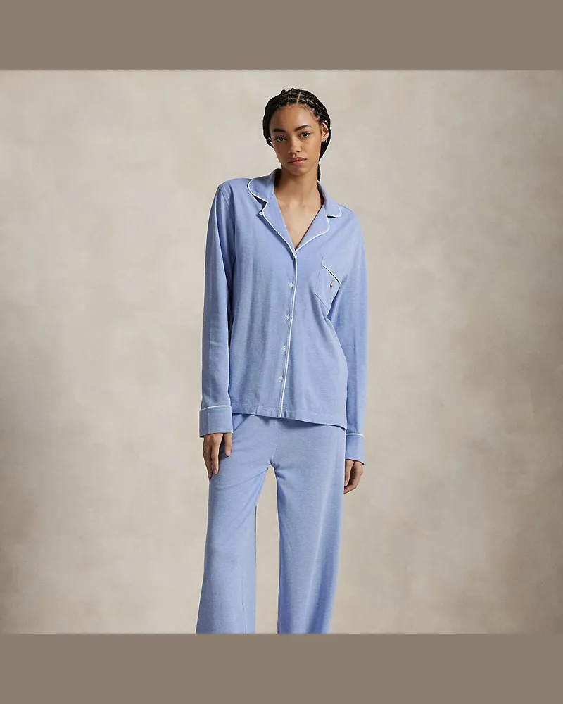 Ralph Lauren Strick-Pyjama mit Langarmhemd und Hose Blue