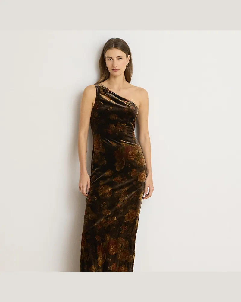 Ralph Lauren Einschultriges Samtabendkleid mit Blumen Brown