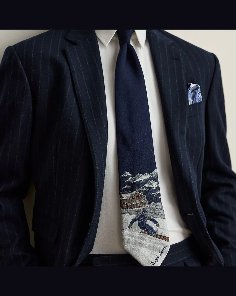 Ralph Lauren Woll-Seiden-Krawatte mit Skifahrermotiv Blue