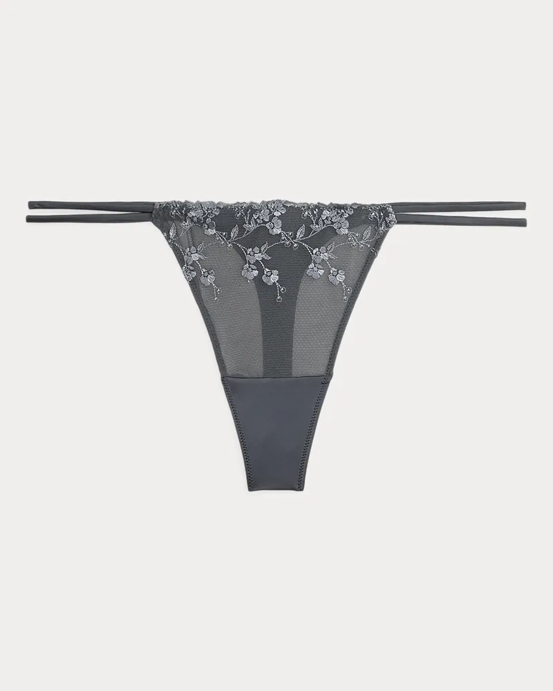 Ralph Lauren Satin-Mesh-Tanga mit Blumenstickerei Grey