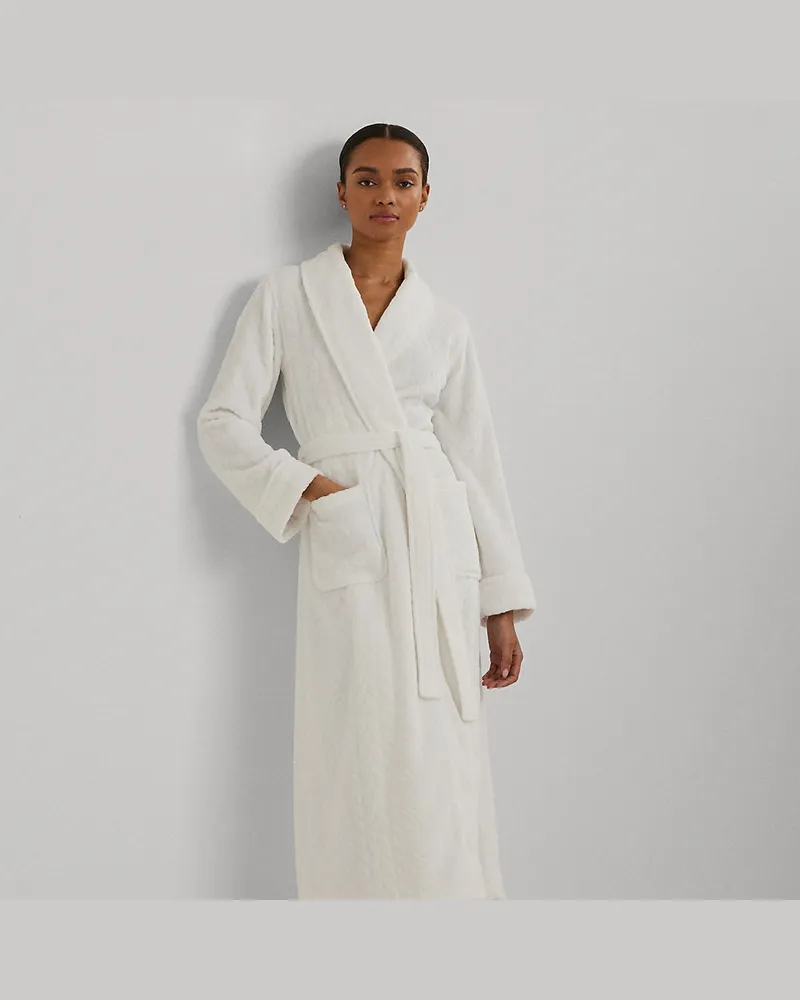 Ralph Lauren Aran-Clipped Long Shawl-Collar Robe White
