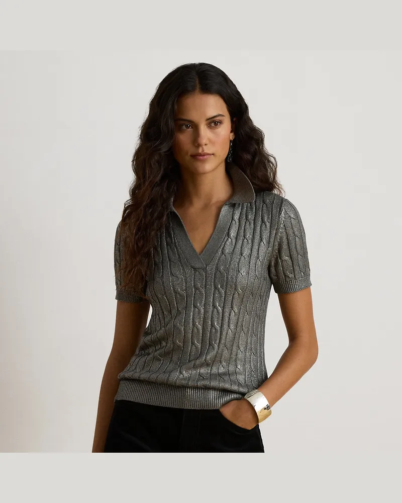 Ralph Lauren Metallic-Kurzarmpullover mit Zopfmuster Grey
