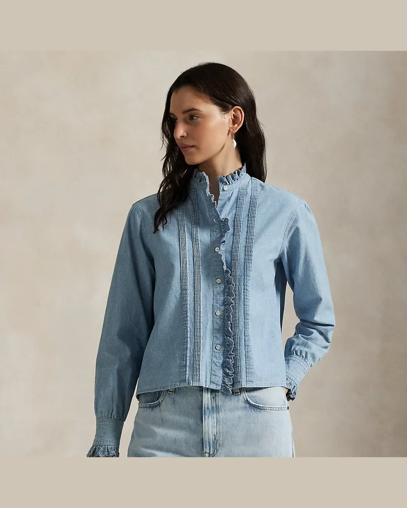 Ralph Lauren Chambray-Oberteil mit Rüschenbesatz Blue