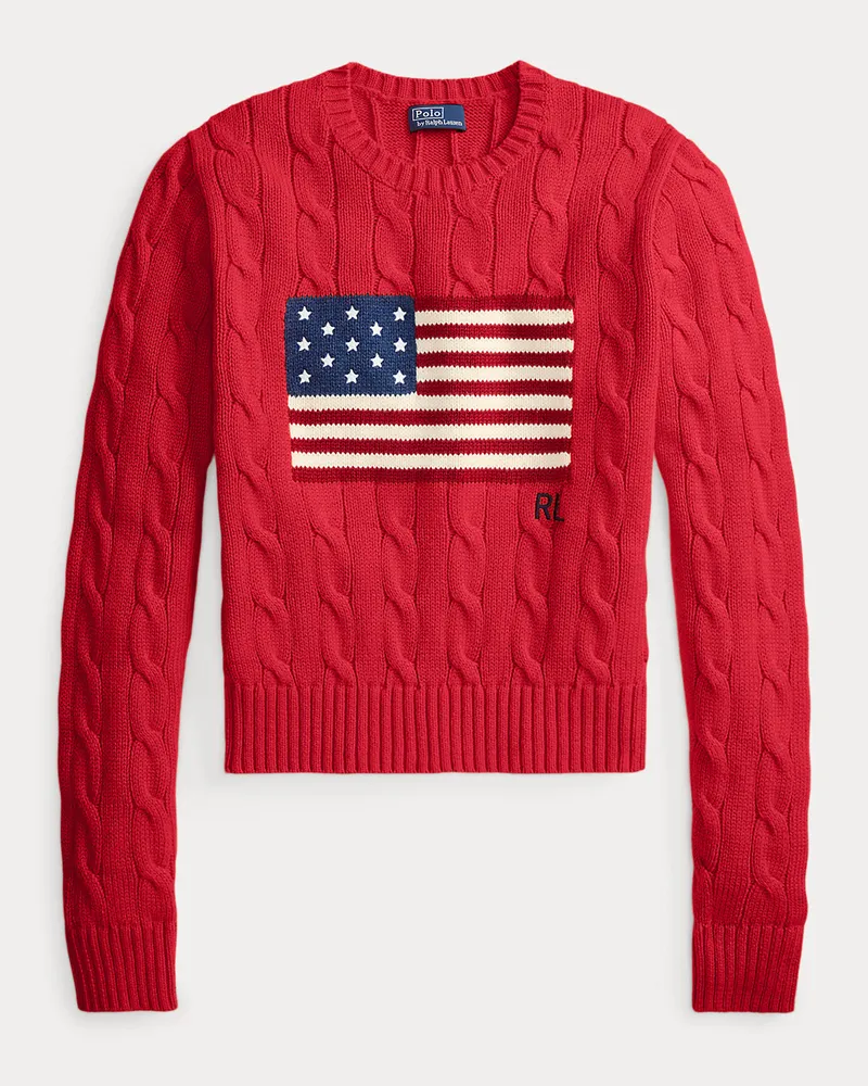 Ralph Lauren Kurzer Zopfmusterpullover mit US-Flagge Red