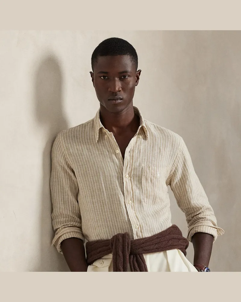 Ralph Lauren Gestreiftes Custom-Fit Leinenhemd Tan