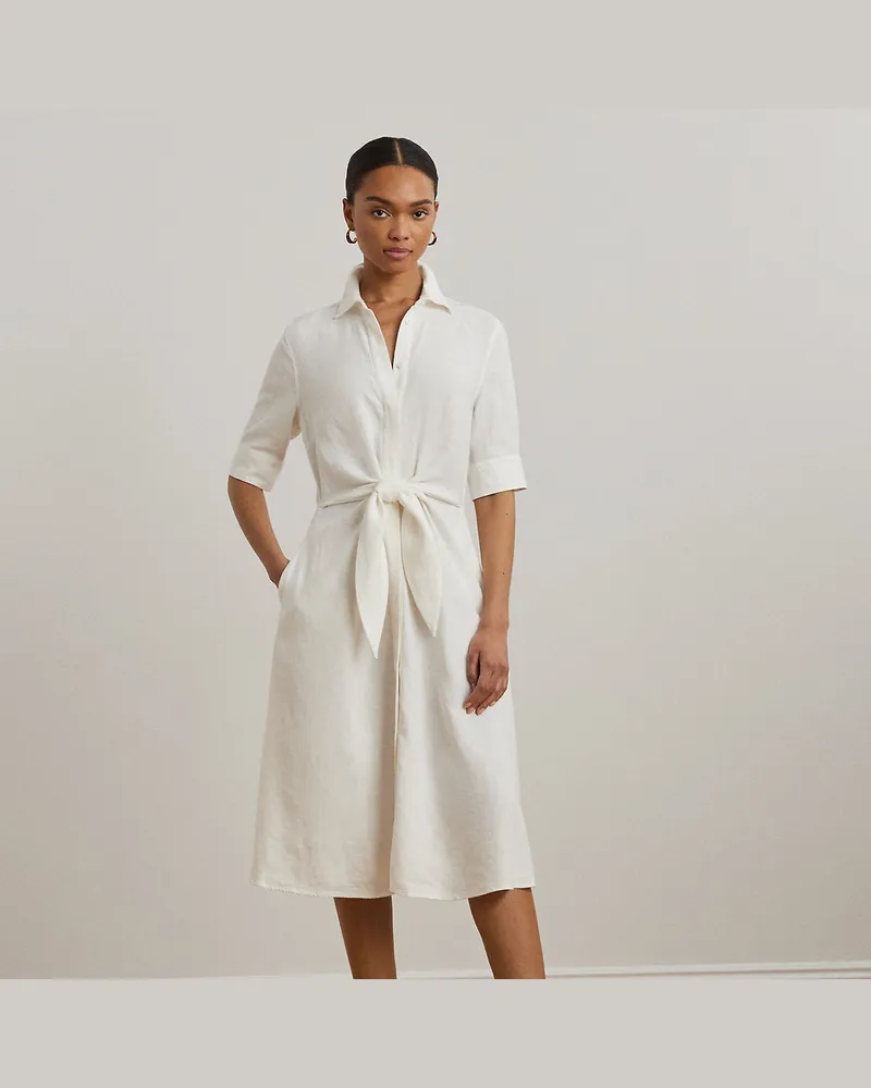 Ralph Lauren Kurzgrößen - Leinenhemdkleid mit Bindedetail White