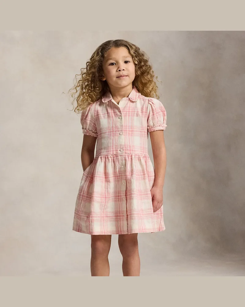 Ralph Lauren Leinen-Baumwoll-Hemdkleid mit Karomuster Pink