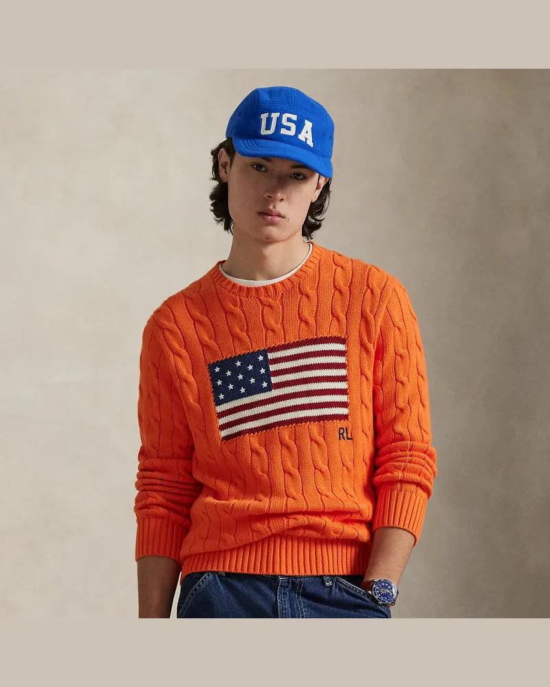 Ralph Lauren Pullover mit Zopfmuster und US-Flagge Orange
