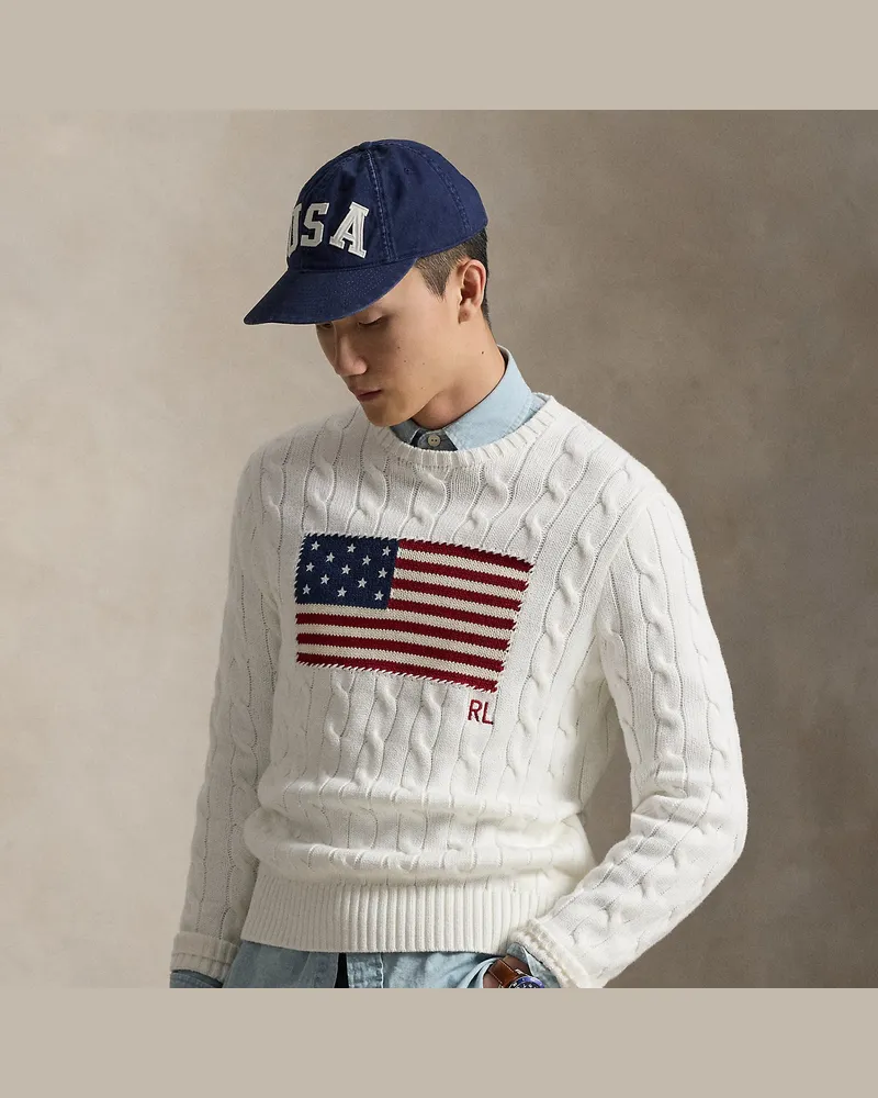 Ralph Lauren Pullover mit Zopfmuster und US-Flagge White
