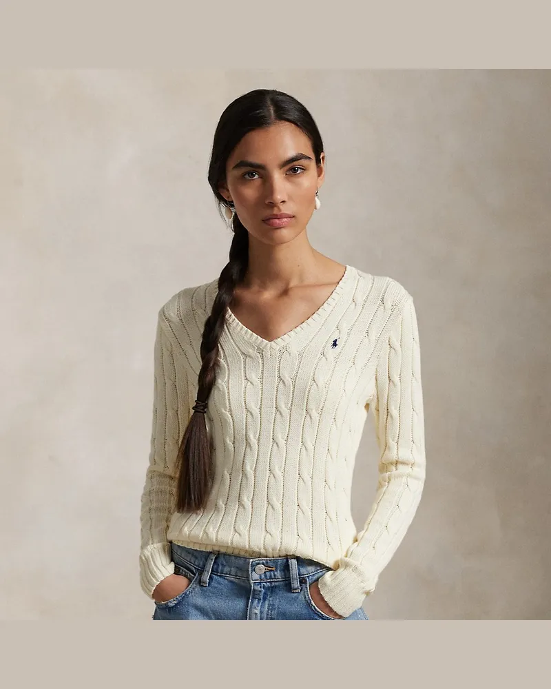 Ralph Lauren Zopfmusterpullover mit V-Ausschnitt Cream