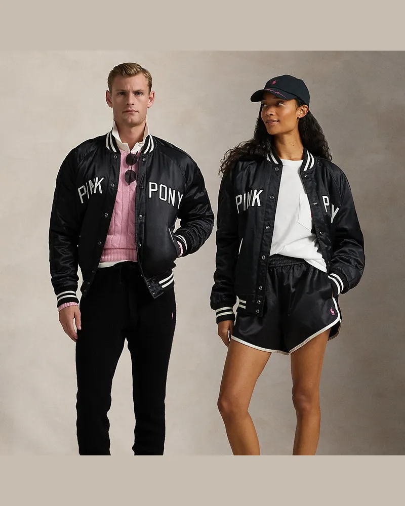 Ralph Lauren Satin-Baseballjacke mit Pink Pony Black