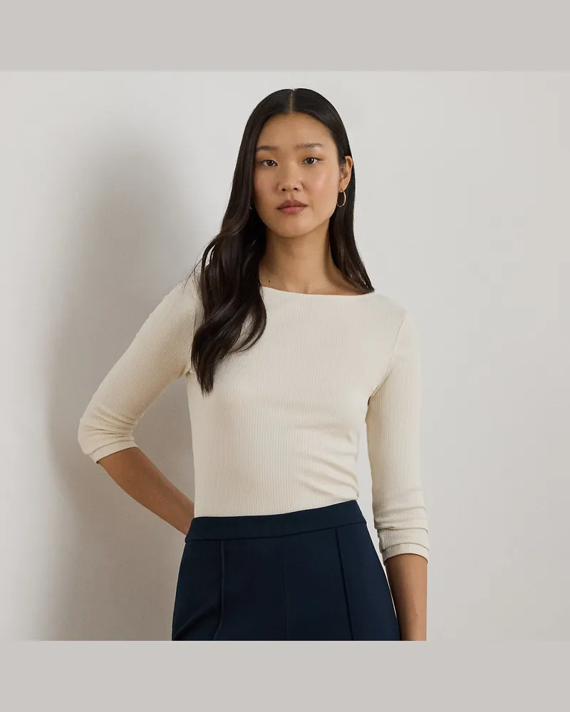 Ralph Lauren Geripptes T-Shirt mit U-Boot-Ausschnitt Cream