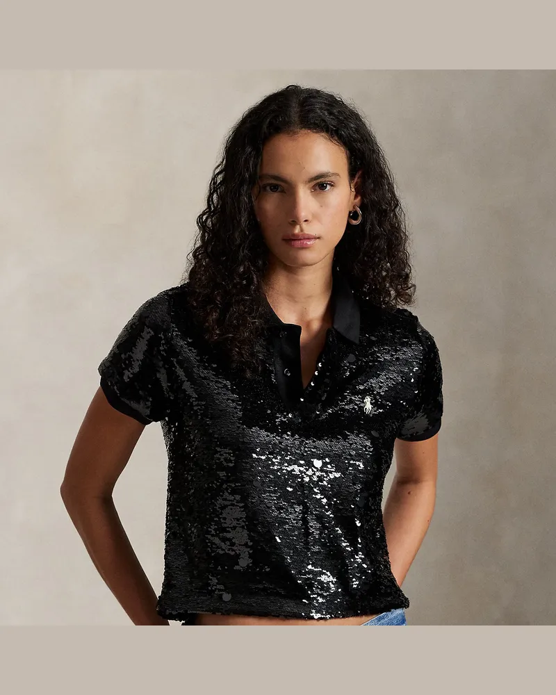 Ralph Lauren Kurzes Piqué-Poloshirt mit Pailletten Black
