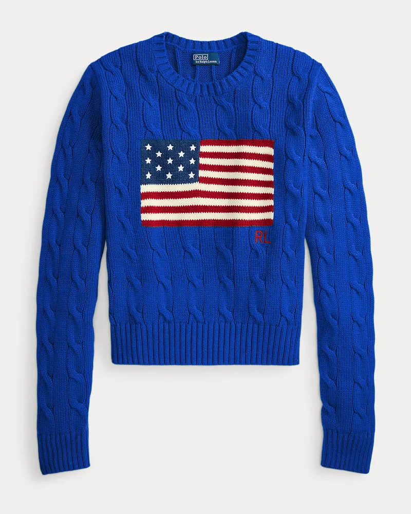 Ralph Lauren Kurzer Zopfmusterpullover mit US-Flagge Blue